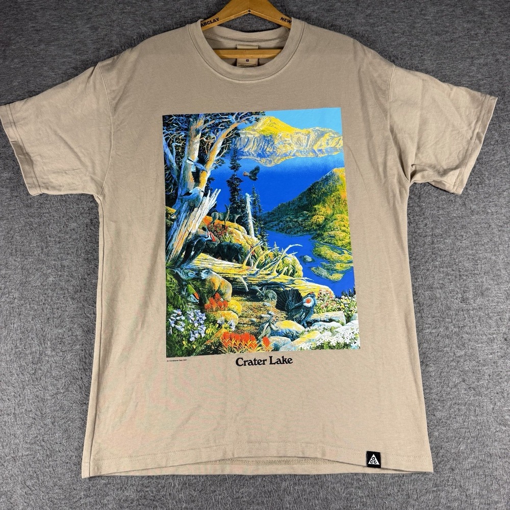 Nike ACG T-Shirt Men's SZ M Tan Beige Crater Lake Oregon Short Sleeve Tee Shirt